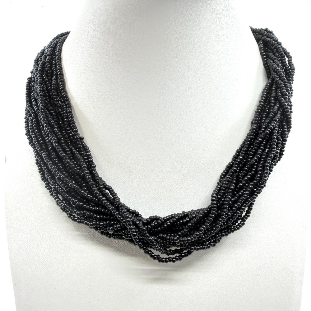 Elegant Black Multi-Strand Seed Bead Necklace with Gold Tone Clasp